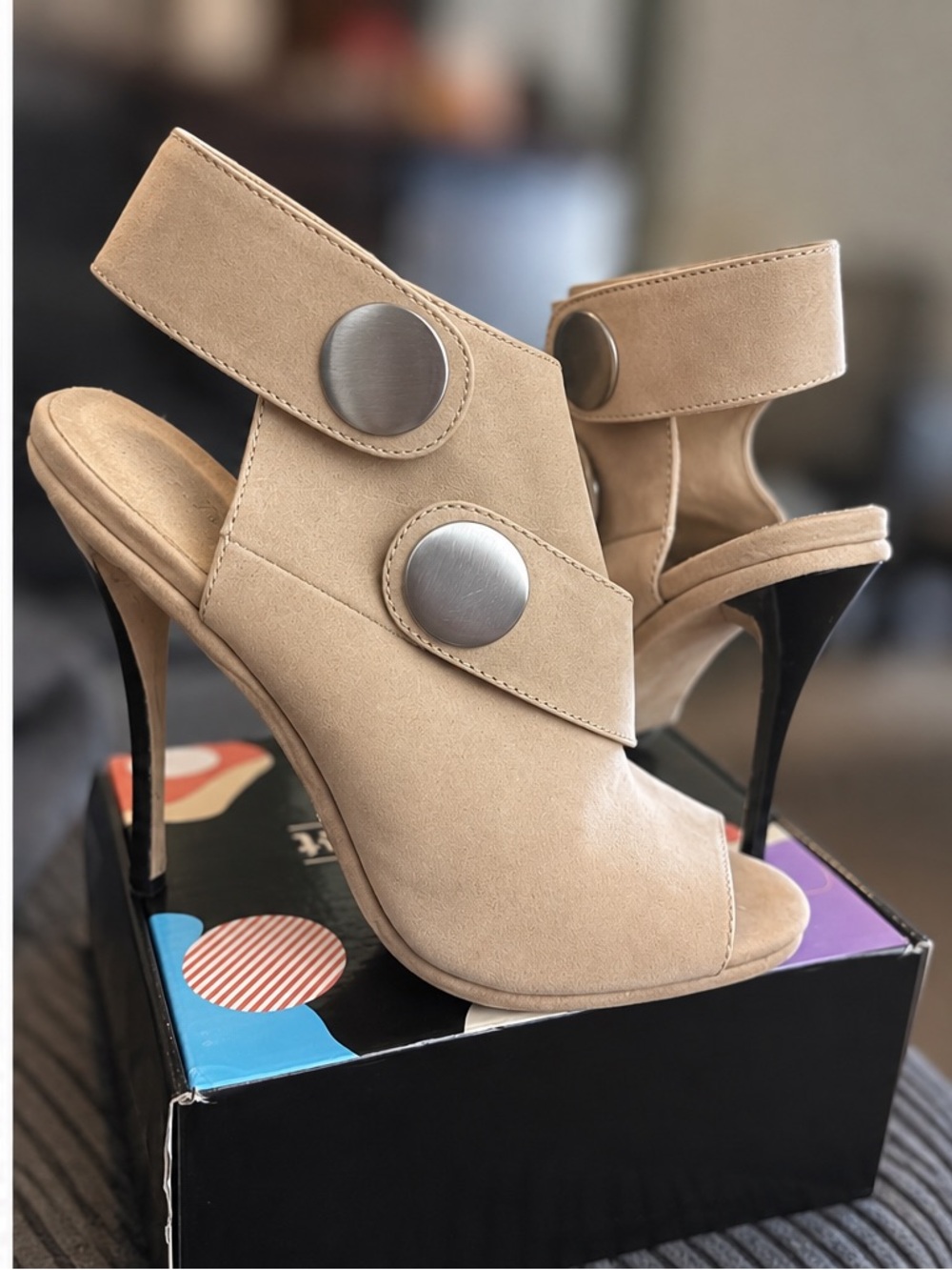 L.A.M.B. Women's Beige Suede Peep-Toe Stiletto Sandals with Button Accents